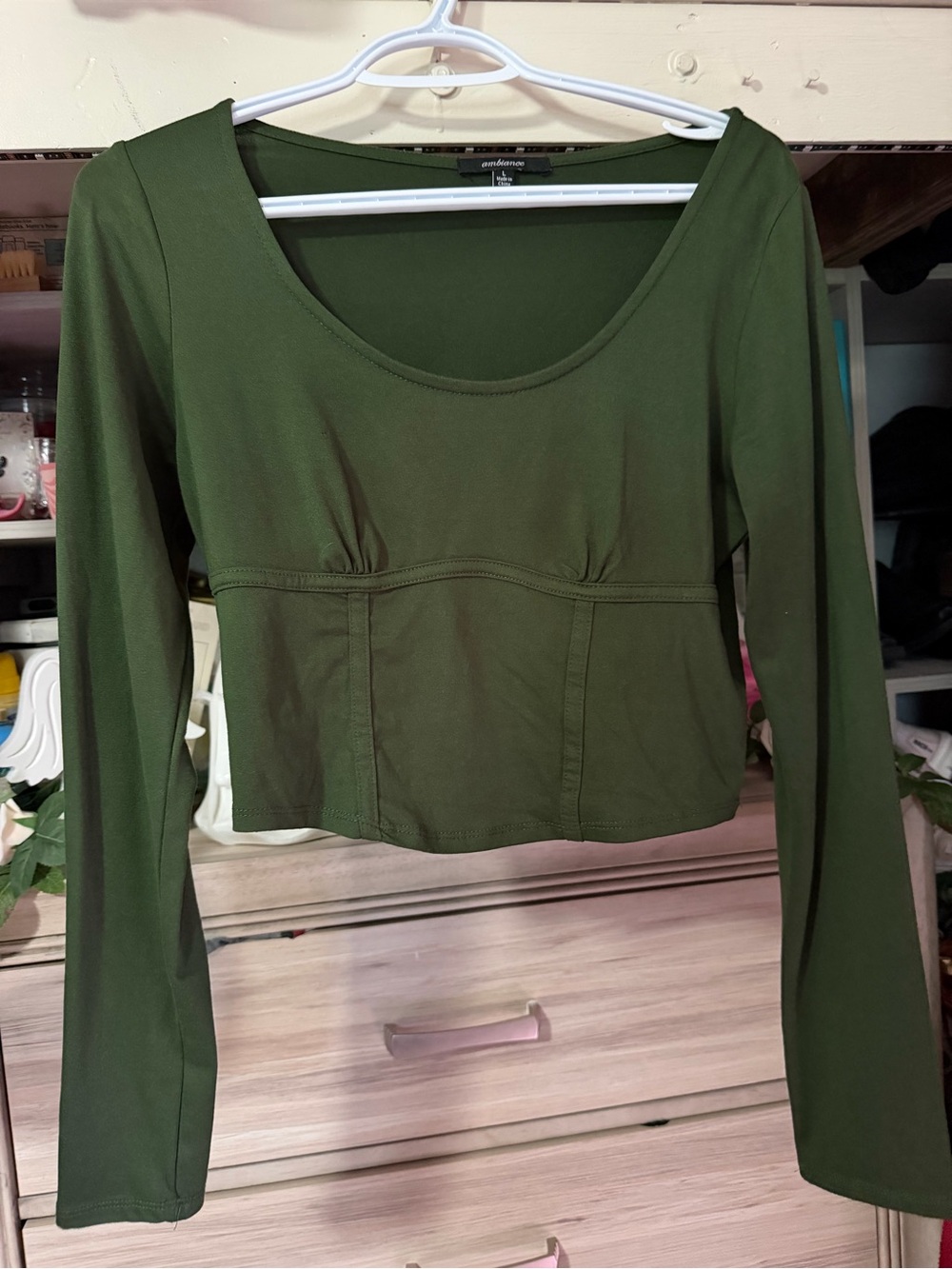 Ambiance Olive Green Long Sleeve Scoop Neck Crop Top- Large
